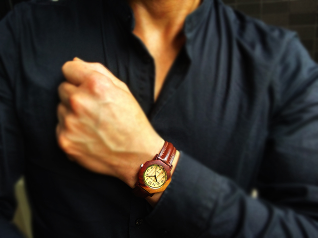 革ベルトオクタゴンモデル木製腕時計